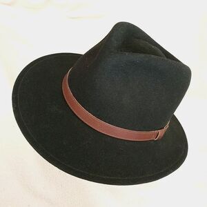 Vtg Lite Felt Fedora Hat Mens L Black 100%Wool Made In USA Belt Cowboy
